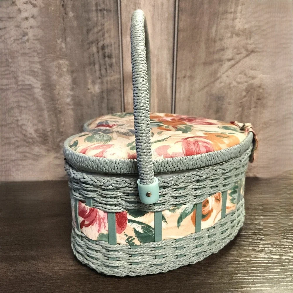 Vtg Heart Shaped 80s Sewing Basket Blue Wicker Handle Storage Box Cottagecore